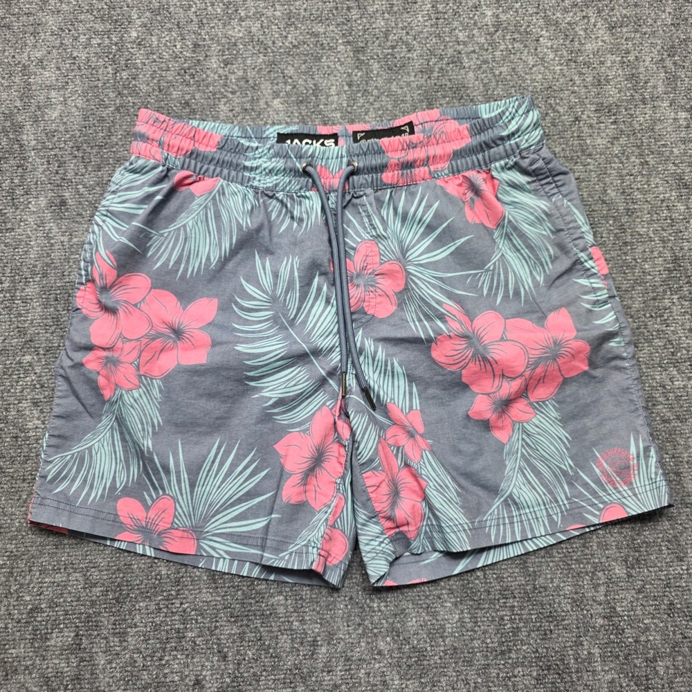 Jacks Supply Co Men's Large Swim Trunks Grey Pink Floral Tropical Shorts 6in